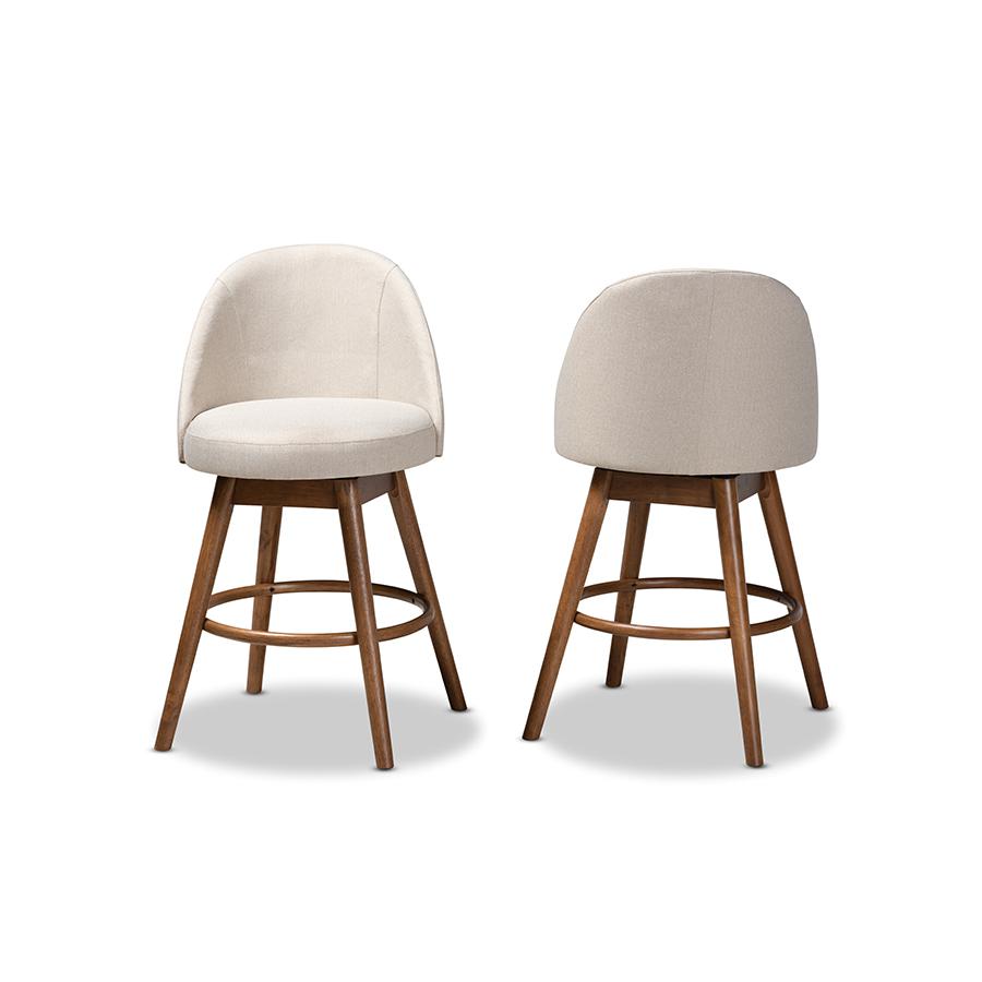 Baxton Studio Carra Mid-Century Modern Light Beige Fabric Upholstered Walnut-Finished Wood Swivel Counter Stool (Set of 2). Picture 3
