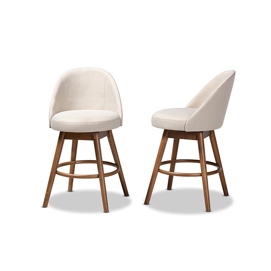 Baxton Studio Carra Mid-Century Modern Light Beige Fabric Upholstered Walnut-Finished Wood Swivel Counter Stool (Set of 2). Picture 4