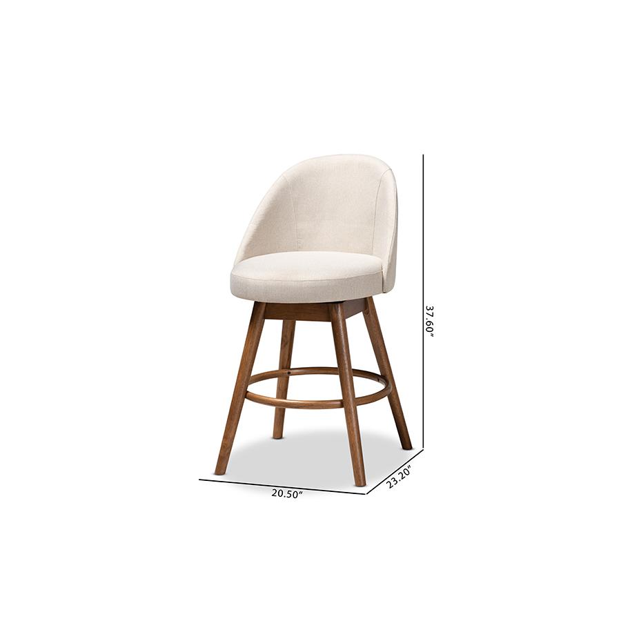 Baxton Studio Carra Mid-Century Modern Light Beige Fabric Upholstered Walnut-Finished Wood Swivel Counter Stool (Set of 2). Picture 9