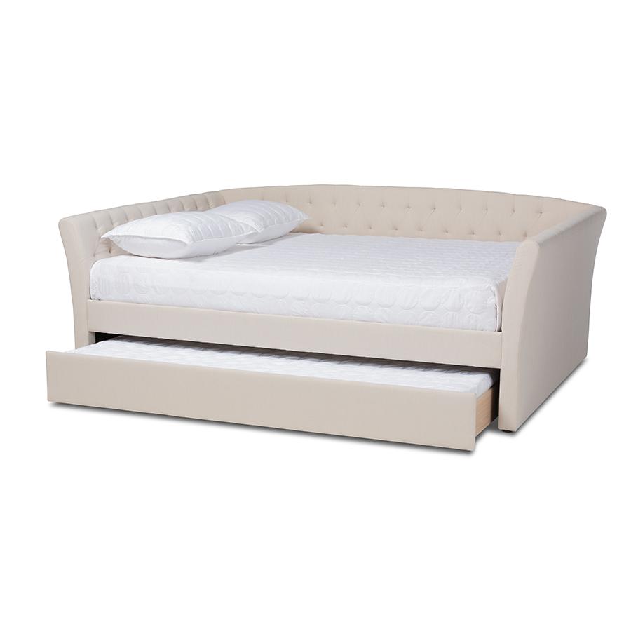 Beige Fabric Upholstered Full Size Daybed with Roll-Out Trundle Bed. Picture 2