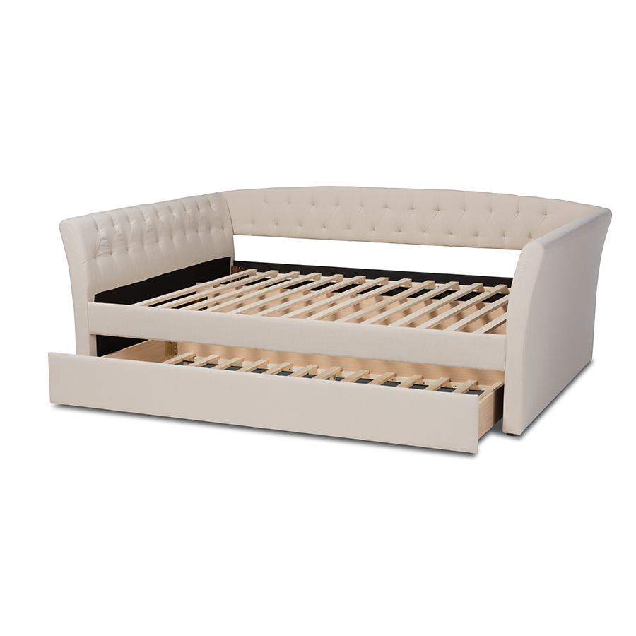 Beige Fabric Upholstered Full Size Daybed with Roll-Out Trundle Bed. Picture 5