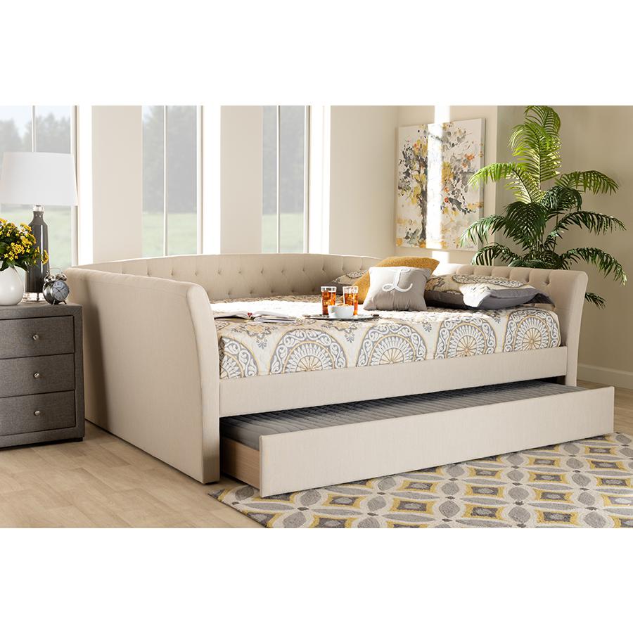 Beige Fabric Upholstered Full Size Daybed with Roll-Out Trundle Bed. Picture 8