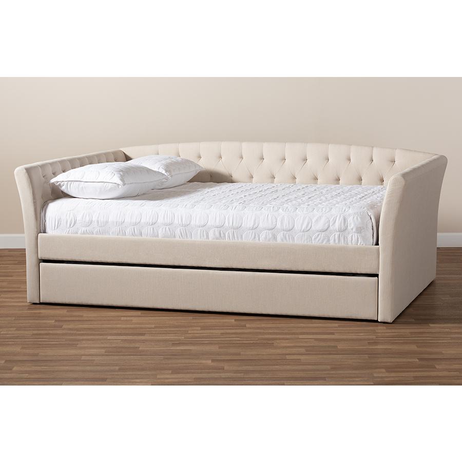 Beige Fabric Upholstered Full Size Daybed with Roll-Out Trundle Bed. Picture 9