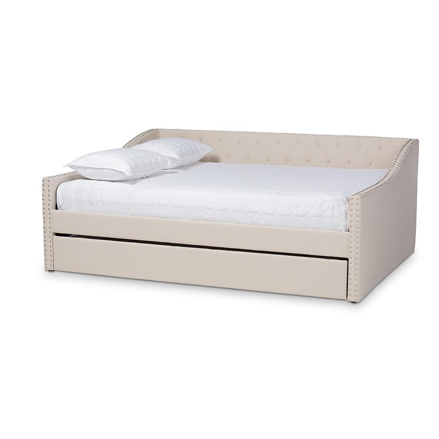 Beige Fabric Upholstered Full Size Daybed with Roll-Out Trundle Bed. Picture 1