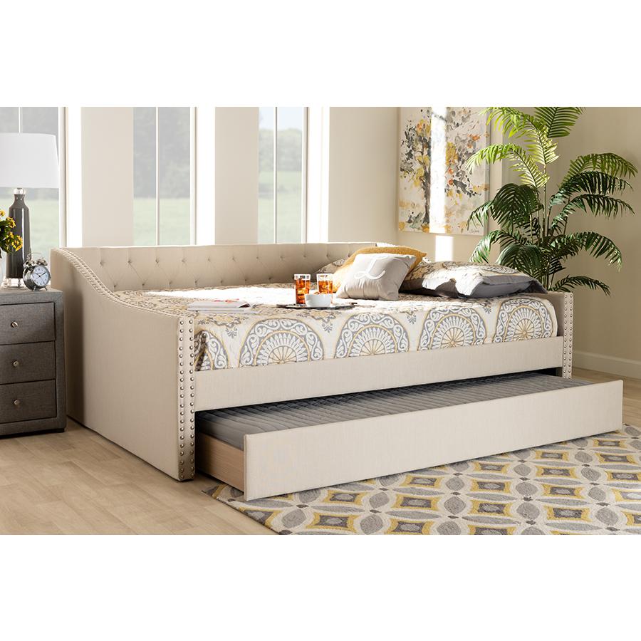 Baxton Studio Haylie Modern and Contemporary Beige Fabric Upholstered Queen Size Daybed with Roll-Out Trundle Bed. Picture 9