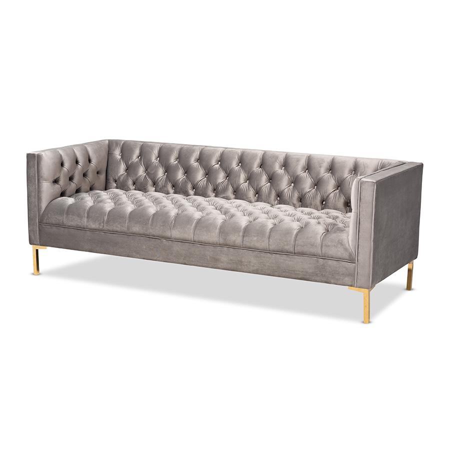 Baxton Studio Zanetta Glam and Luxe Gray Velvet Upholstered Gold Finished Sofa. Picture 2