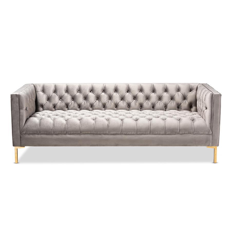 Baxton Studio Zanetta Glam and Luxe Gray Velvet Upholstered Gold Finished Sofa. Picture 3