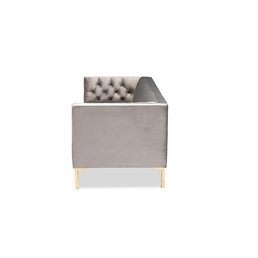 Baxton Studio Zanetta Glam and Luxe Gray Velvet Upholstered Gold Finished Sofa. Picture 4