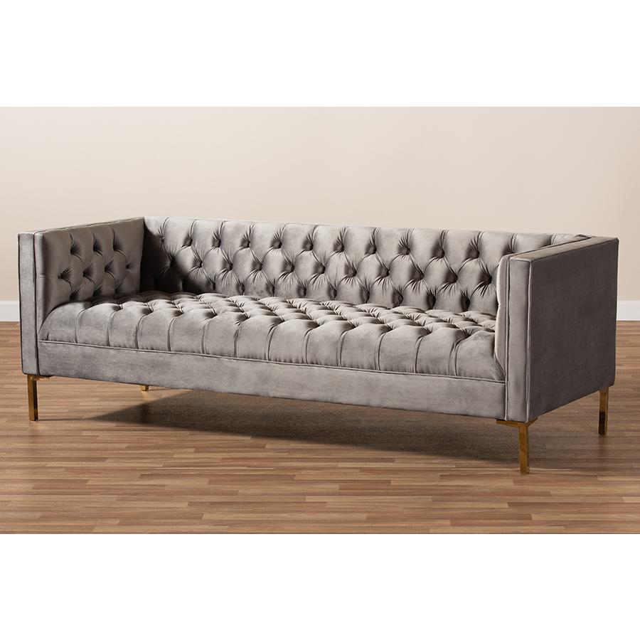 Baxton Studio Zanetta Glam and Luxe Gray Velvet Upholstered Gold Finished Sofa. Picture 9
