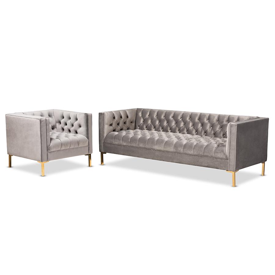 Baxton Studio Zanetta Glam and Luxe Gray Velvet Upholstered Gold Finished 2-Piece Sofa and Lounge Chair Set. Picture 2