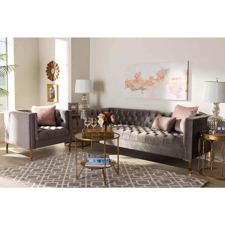 Baxton Studio Zanetta Glam and Luxe Gray Velvet Upholstered Gold Finished 2-Piece Sofa and Lounge Chair Set. Picture 1