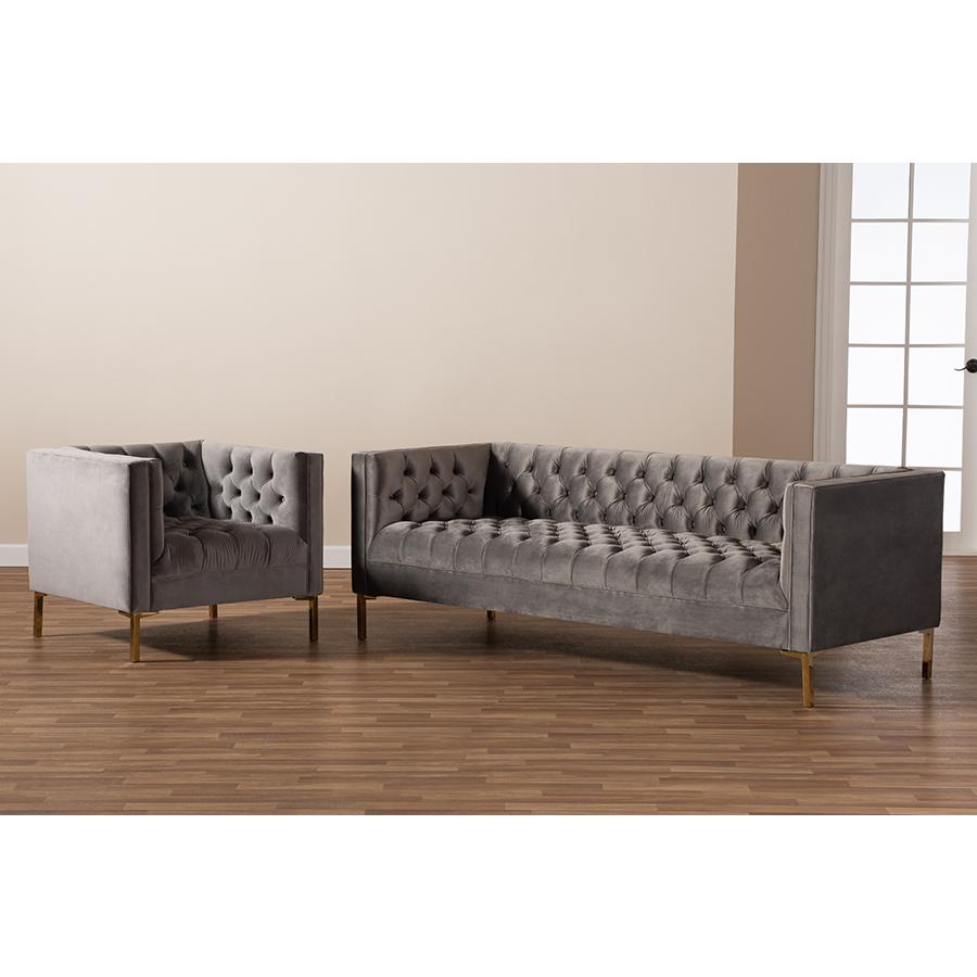 Baxton Studio Zanetta Glam and Luxe Gray Velvet Upholstered Gold Finished 2-Piece Sofa and Lounge Chair Set. Picture 6