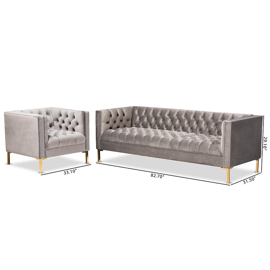Baxton Studio Zanetta Glam and Luxe Gray Velvet Upholstered Gold Finished 2-Piece Sofa and Lounge Chair Set. Picture 7