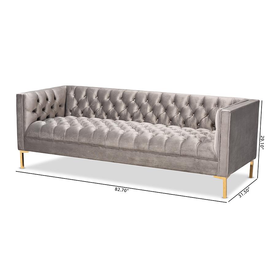Baxton Studio Zanetta Glam and Luxe Gray Velvet Upholstered Gold Finished Sofa. Picture 10