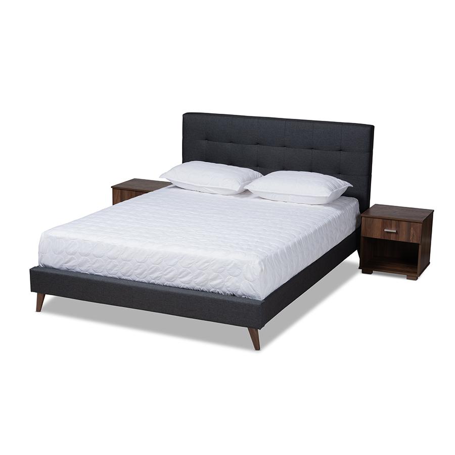 Dark Grey Fabric Upholstered Queen Size Platform Bed with Two Nightstands. Picture 1