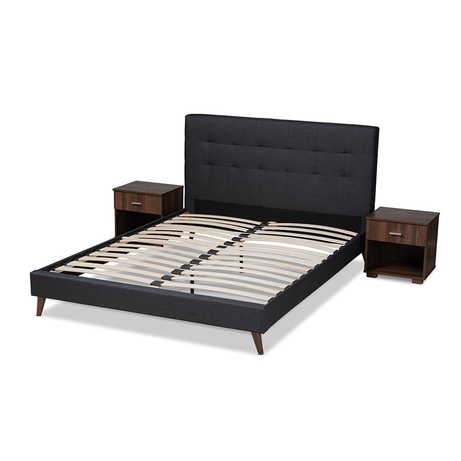 Dark Grey Fabric Upholstered Queen Size Platform Bed with Two Nightstands. Picture 3