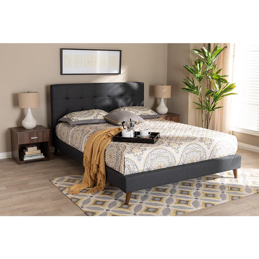 Dark Grey Fabric Upholstered Queen Size Platform Bed with Two Nightstands. Picture 8