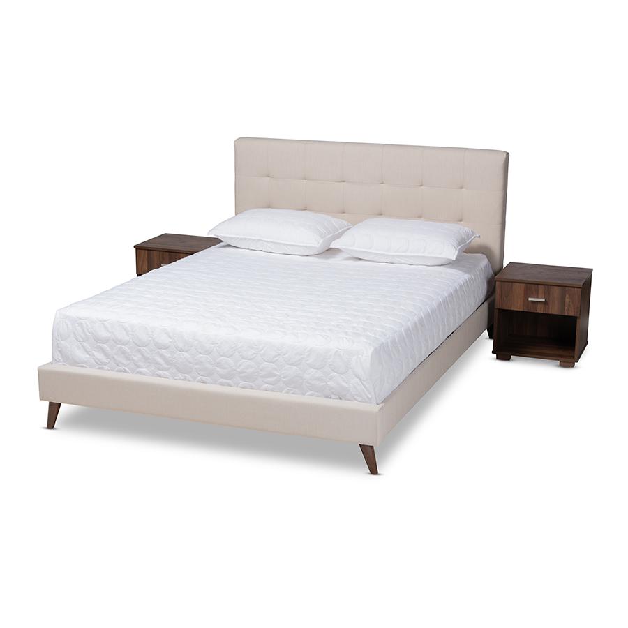 Beige Fabric Upholstered Queen Size Platform Bed with Two Nightstands. Picture 1