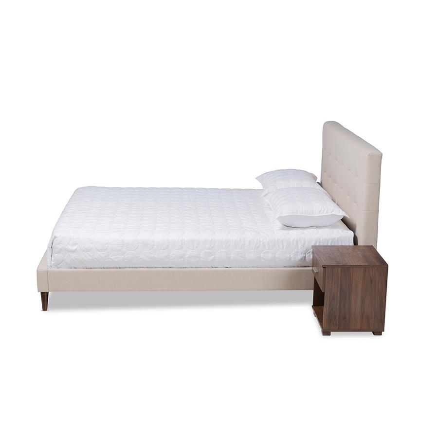 Beige Fabric Upholstered Queen Size Platform Bed with Two Nightstands. Picture 2