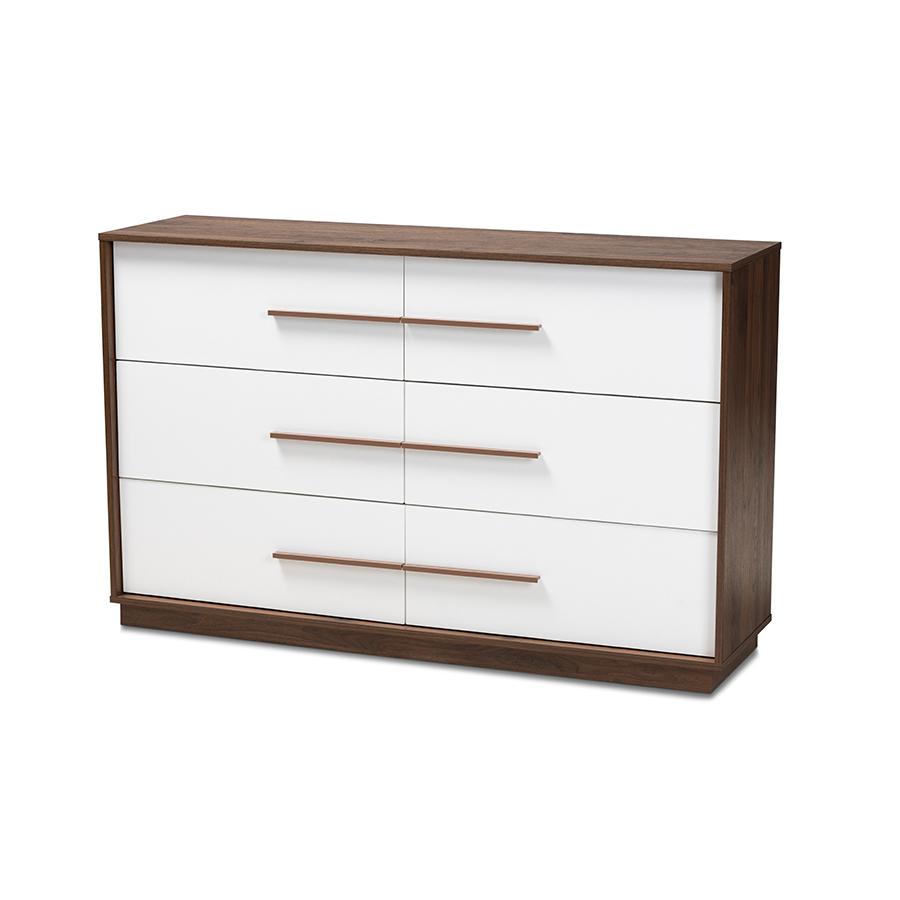 Mette Mid-Century Modern White and Walnut Finished 6-Drawer Wood Dresser. Picture 1
