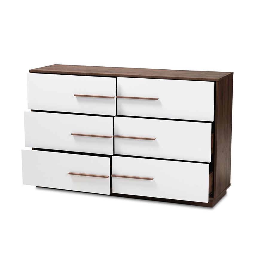 Mette Mid-Century Modern White and Walnut Finished 6-Drawer Wood Dresser. Picture 2