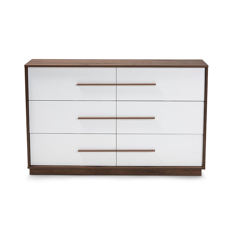 Mette Mid-Century Modern White and Walnut Finished 6-Drawer Wood Dresser. Picture 3