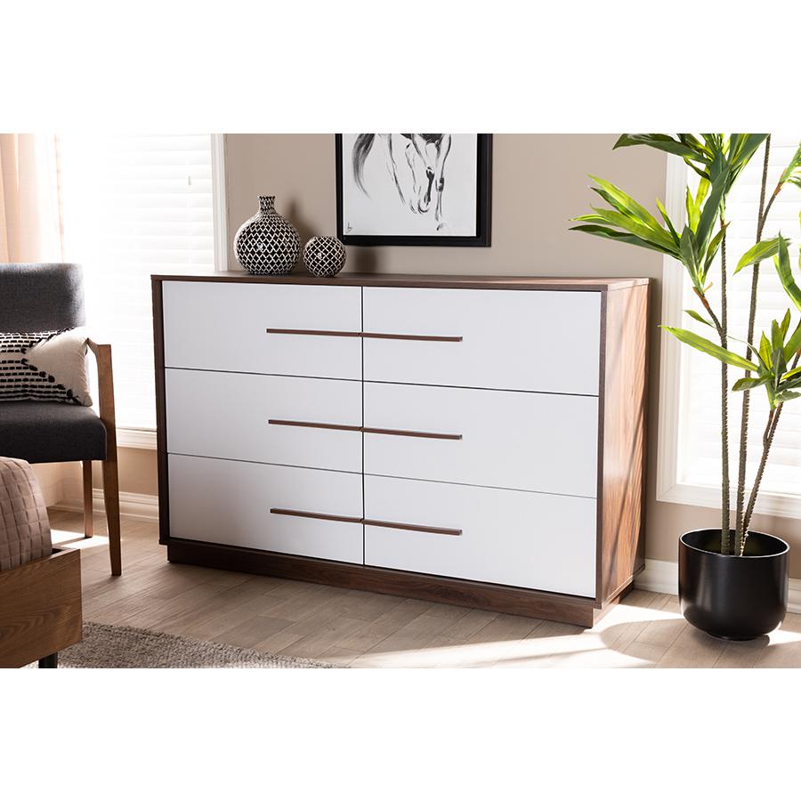 Mette Mid-Century Modern White and Walnut Finished 6-Drawer Wood Dresser. Picture 6