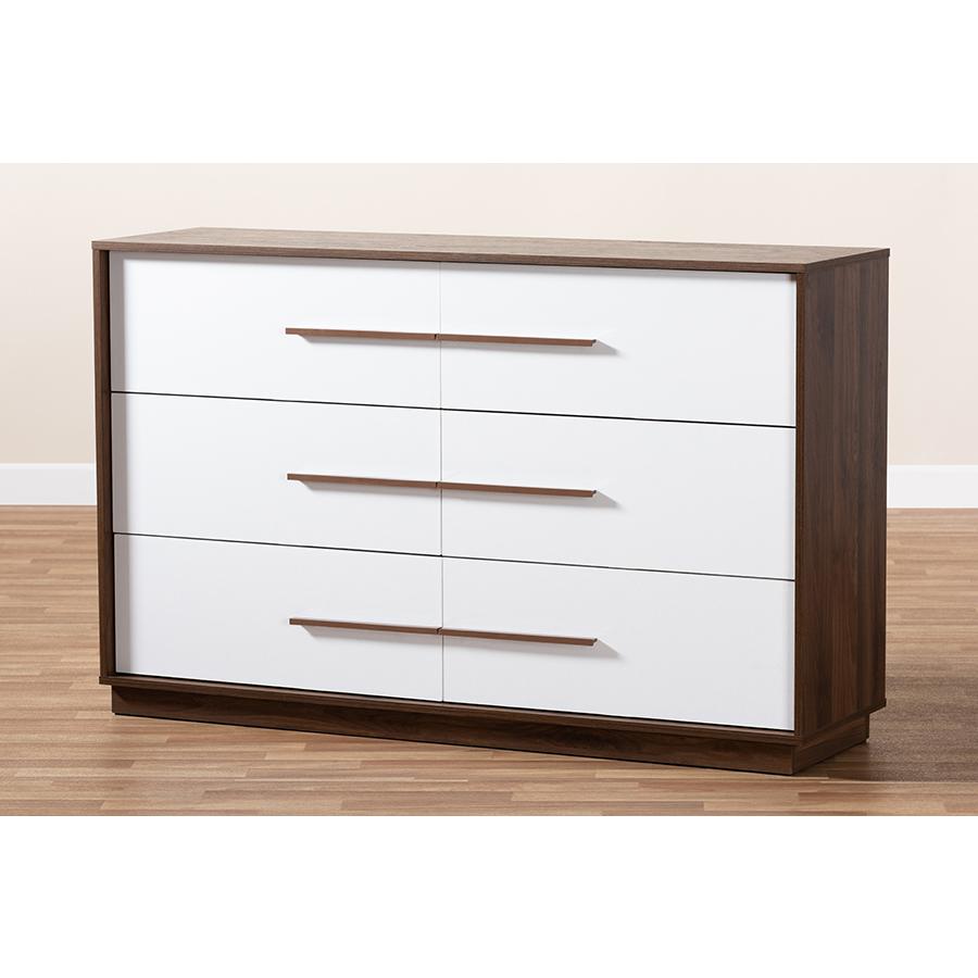 Baxton Studio Mette Mid-Century Modern White and Walnut Finished 6-Drawer Wood Dresser. Picture 1