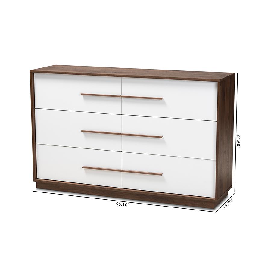 Mette Mid-Century Modern White and Walnut Finished 6-Drawer Wood Dresser. Picture 8