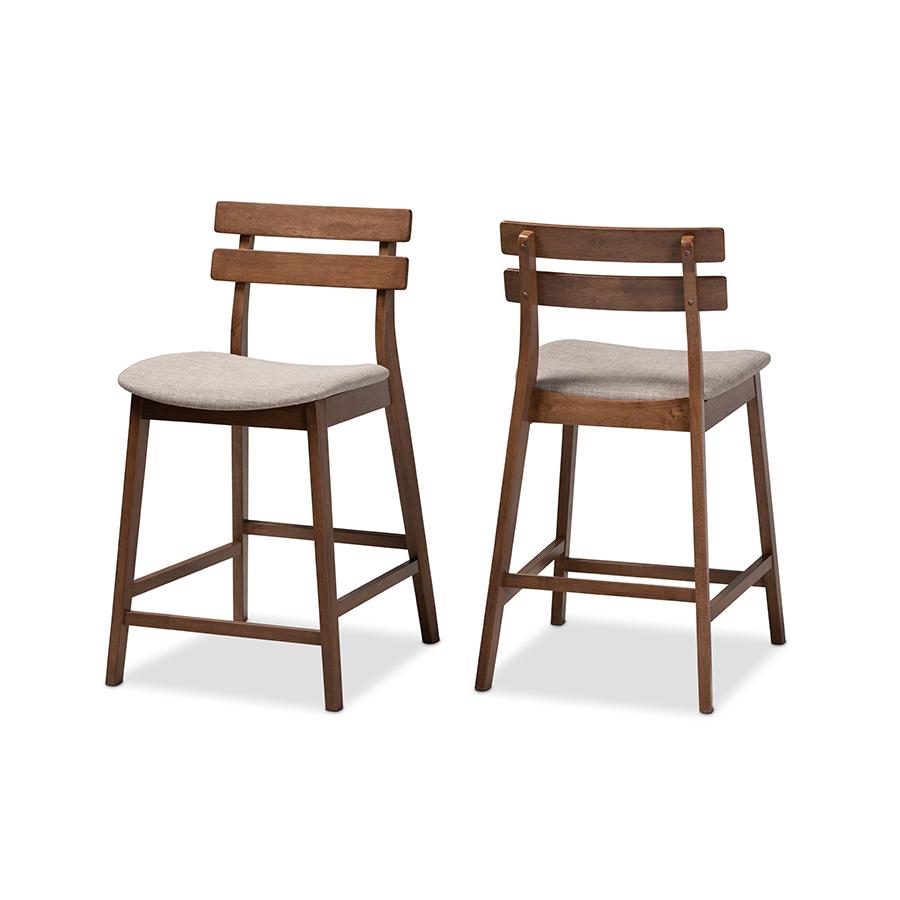 Baxton Studio Larine Modern and Contemporary Light Grey Fabric Upholstered Walnut Finished 2-Piece Wood Counter Stool Set. The main picture.