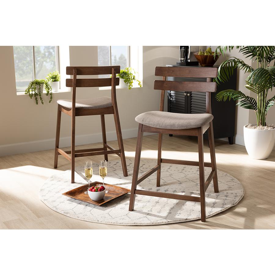 Baxton Studio Larine Modern and Contemporary Light Grey Fabric Upholstered Walnut Finished 2-Piece Wood Counter Stool Set. Picture 2