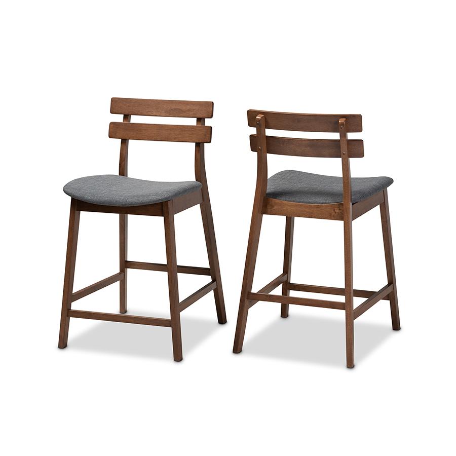 Baxton Studio Larine Modern and Contemporary Dark Grey Fabric Upholstered Walnut Finished 2-Piece Wood Counter Stool Set. The main picture.