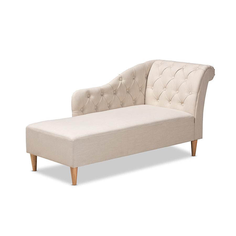 Beige Fabric Upholstered Oak Finished Chaise Lounge. Picture 1