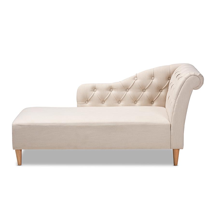 Beige Fabric Upholstered Oak Finished Chaise Lounge. Picture 2