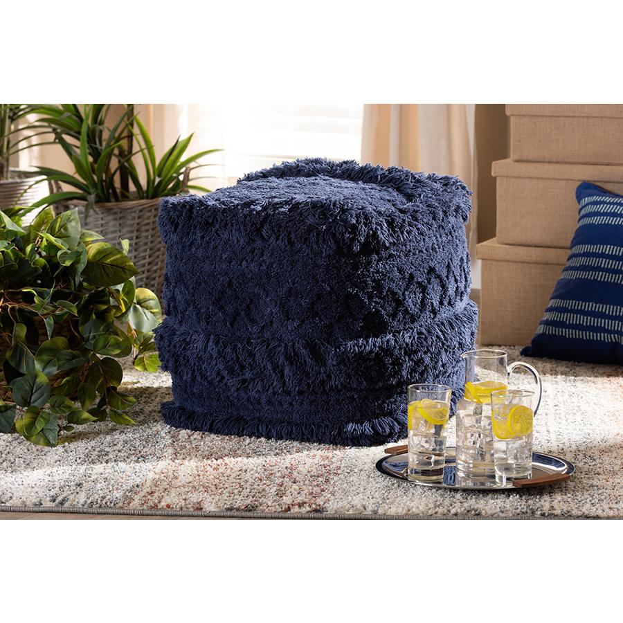 Baxton Studio Curlew Moroccan Inspired Navy Handwoven Cotton Pouf Ottoman. Picture 4