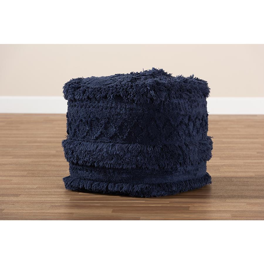 Baxton Studio Curlew Moroccan Inspired Navy Handwoven Cotton Pouf Ottoman. Picture 5