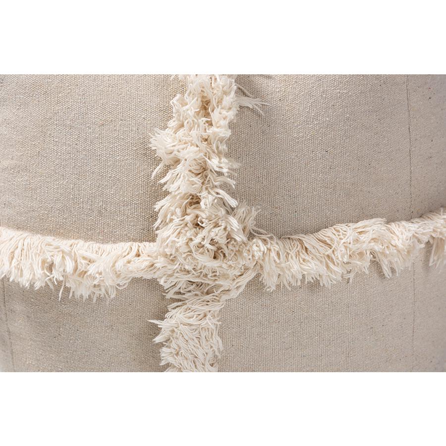 Baxton Studio Alfro Moroccan Inspired Beige Handwoven Cotton Fringe Pouf Ottoman. Picture 3