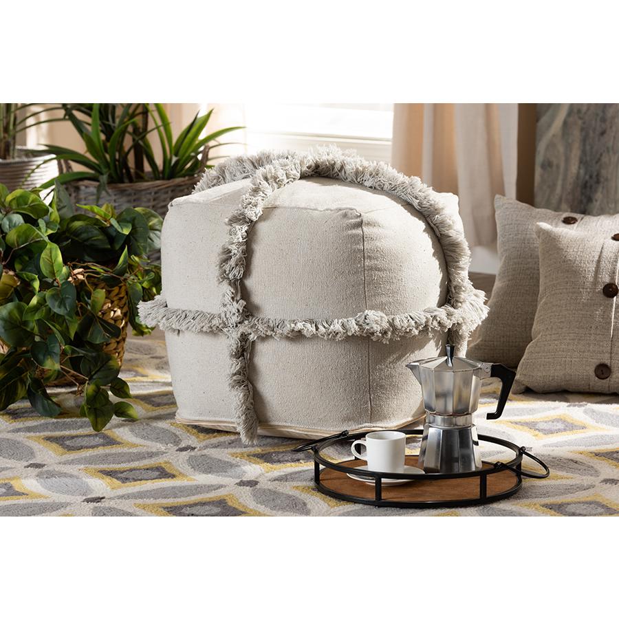 Baxton Studio Alfro Moroccan Inspired Grey Handwoven Cotton Fringe Pouf Ottoman. Picture 4