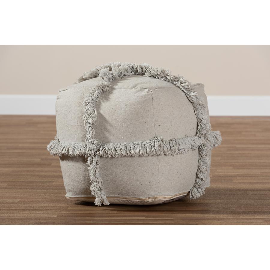 Baxton Studio Alfro Moroccan Inspired Grey Handwoven Cotton Fringe Pouf Ottoman. Picture 5