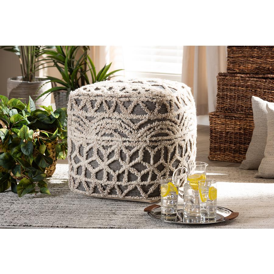 Baxton Studio Avery Moroccan Inspired Beige and Brown Handwoven Cotton Pouf Ottoman. Picture 4