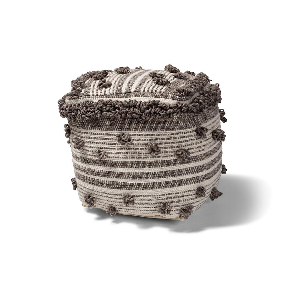 Baxton Studio Eligah Moroccan Inspired Ivory and Brown Handwoven Wool Pouf Ottoman. Picture 1