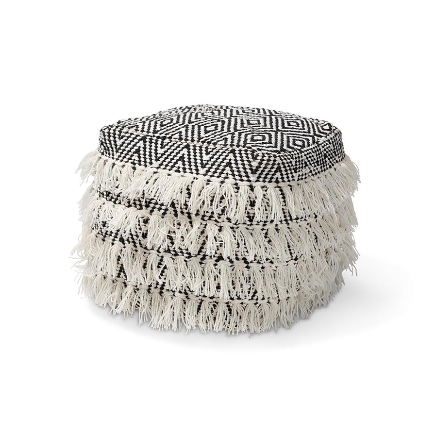 Baxton Studio Alain Moroccan Inspired Black and Ivory Handwoven Wool Tassel Pouf Ottoman. Picture 1