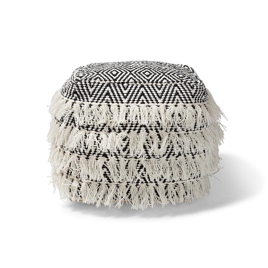 Alain Moroccan Inspired Black and Ivory Handwoven Wool Tassel Pouf Ottoman. Picture 2