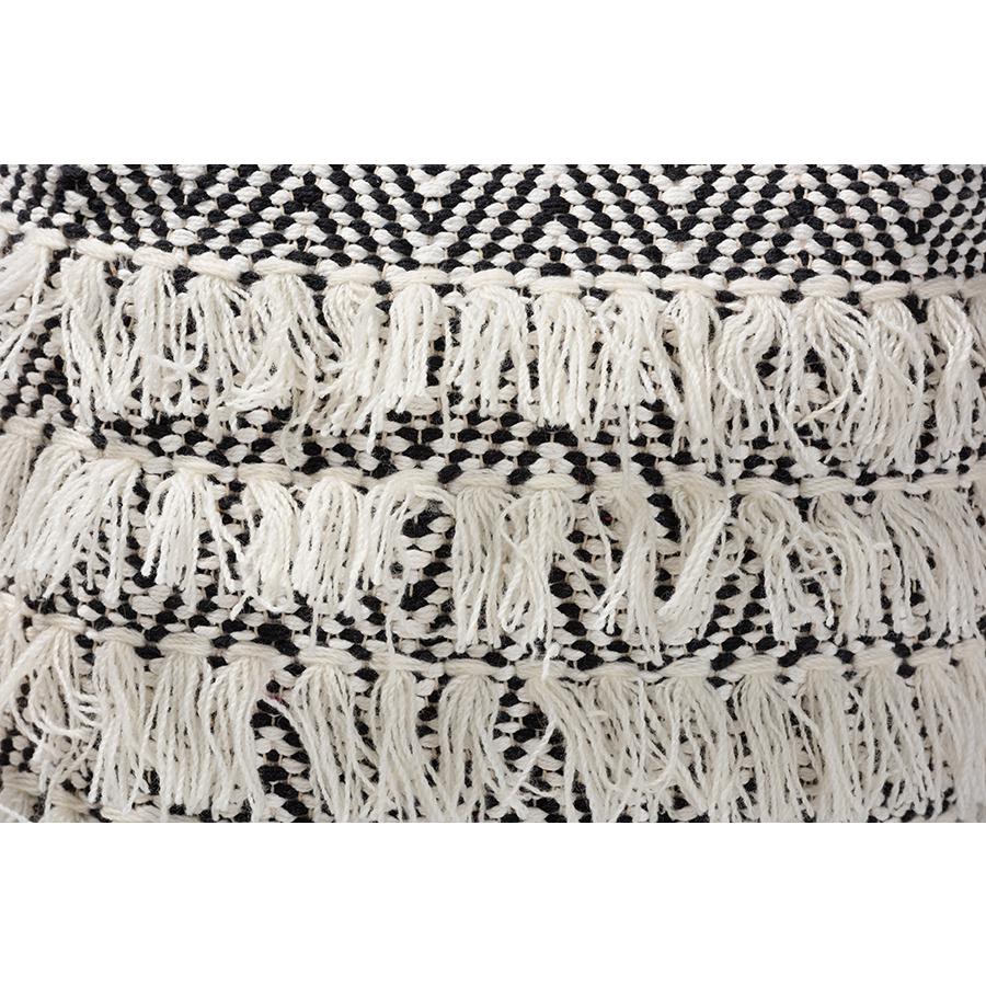 Baxton Studio Alain Moroccan Inspired Black and Ivory Handwoven Wool Tassel Pouf Ottoman. Picture 3