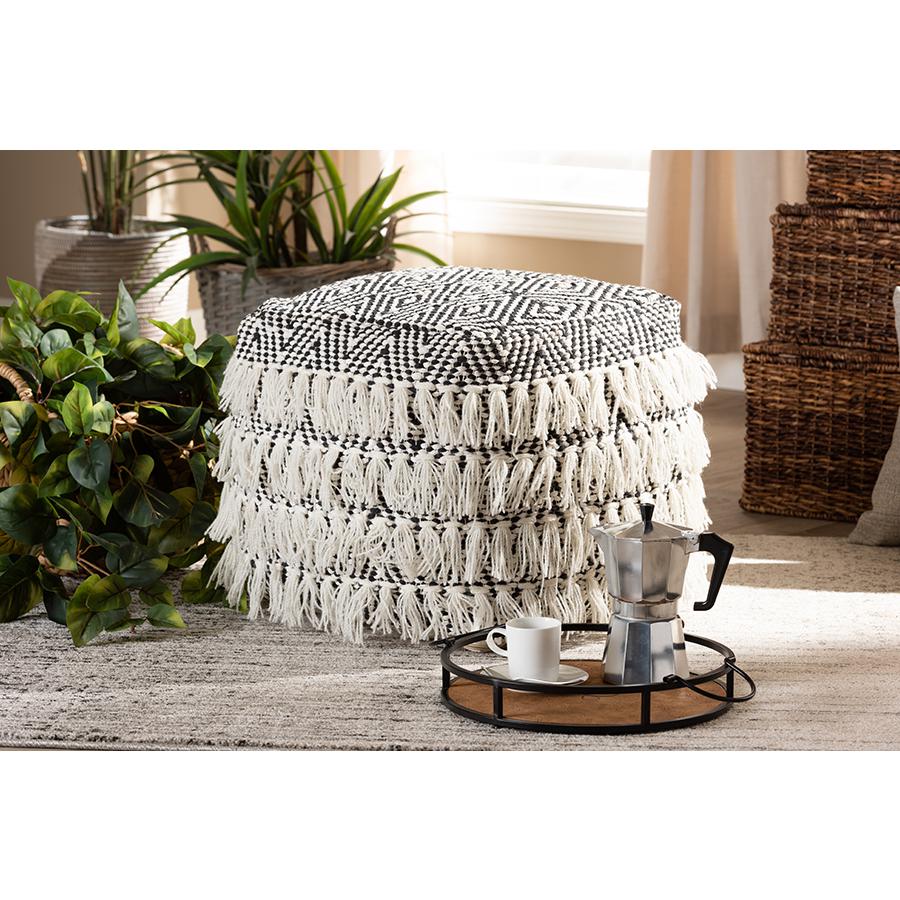 Alain Moroccan Inspired Black and Ivory Handwoven Wool Tassel Pouf Ottoman. Picture 4