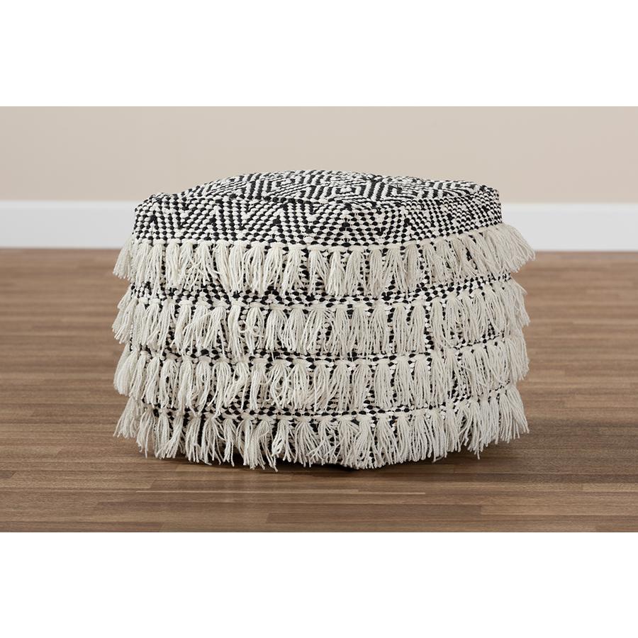 Alain Moroccan Inspired Black and Ivory Handwoven Wool Tassel Pouf Ottoman. Picture 5