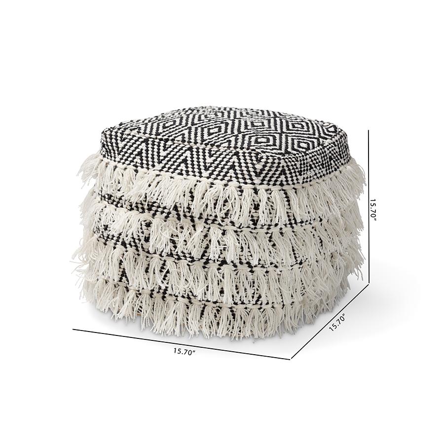Alain Moroccan Inspired Black and Ivory Handwoven Wool Tassel Pouf Ottoman. Picture 6