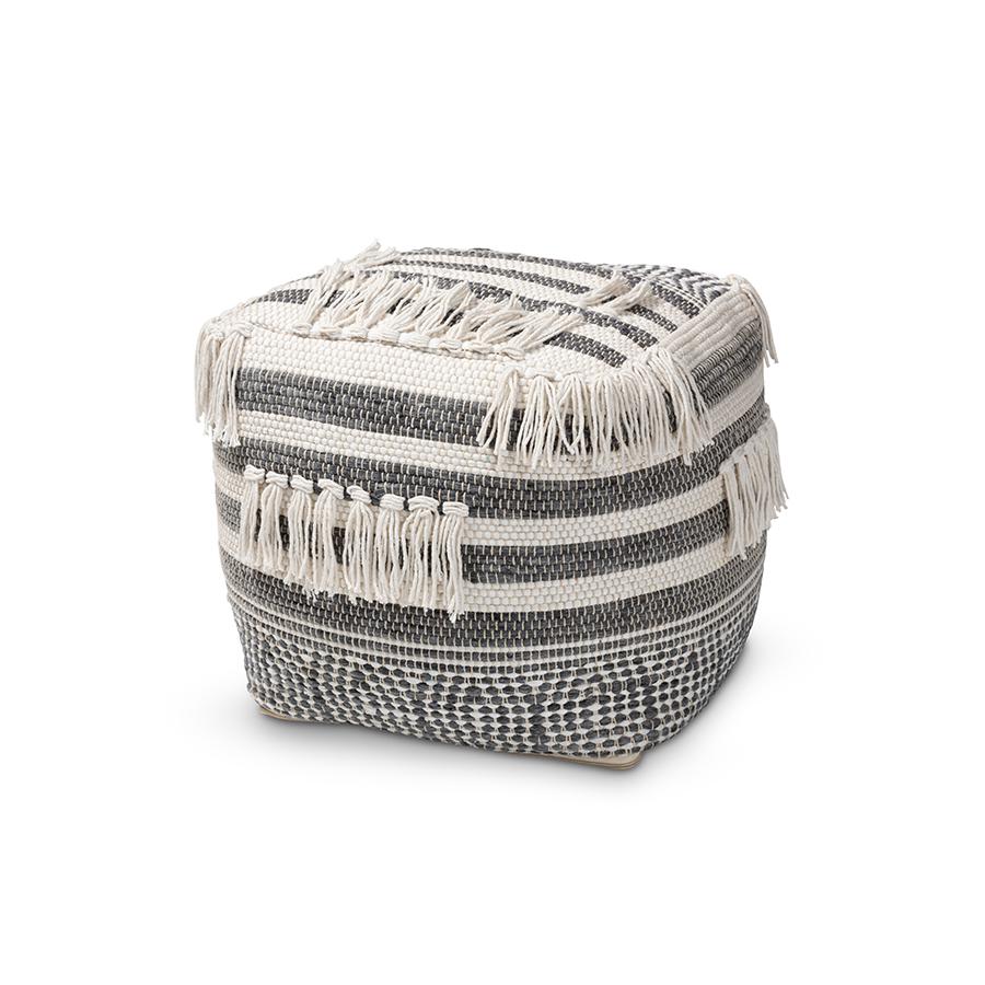 Kirby Moroccan Inspired Grey and Ivory Handwoven Cotton Pouf Ottoman. Picture 1