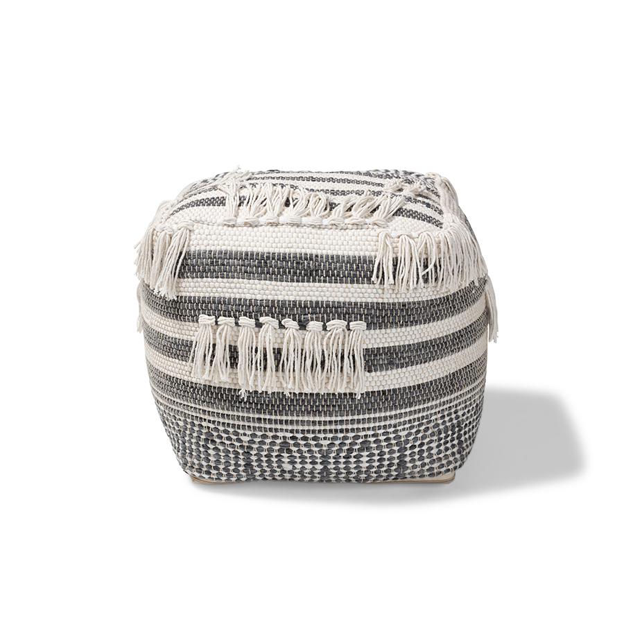 Kirby Moroccan Inspired Grey and Ivory Handwoven Cotton Pouf Ottoman. Picture 2