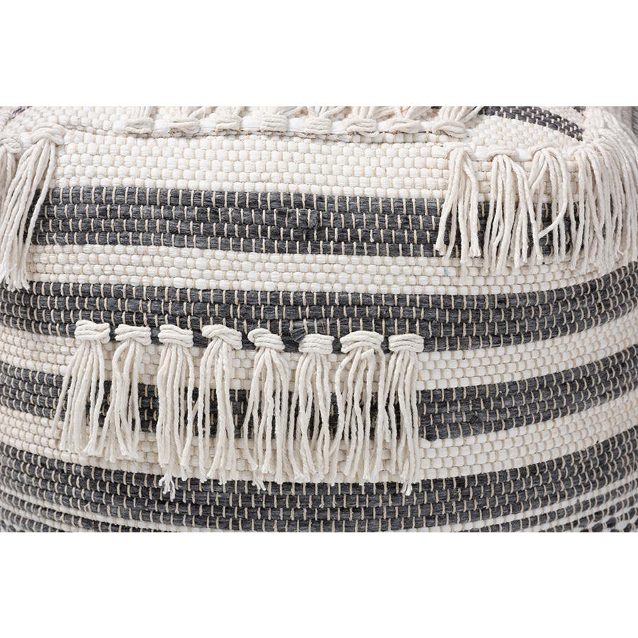 Baxton Studio Kirby Moroccan Inspired Grey and Ivory Handwoven Cotton Pouf Ottoman. Picture 3